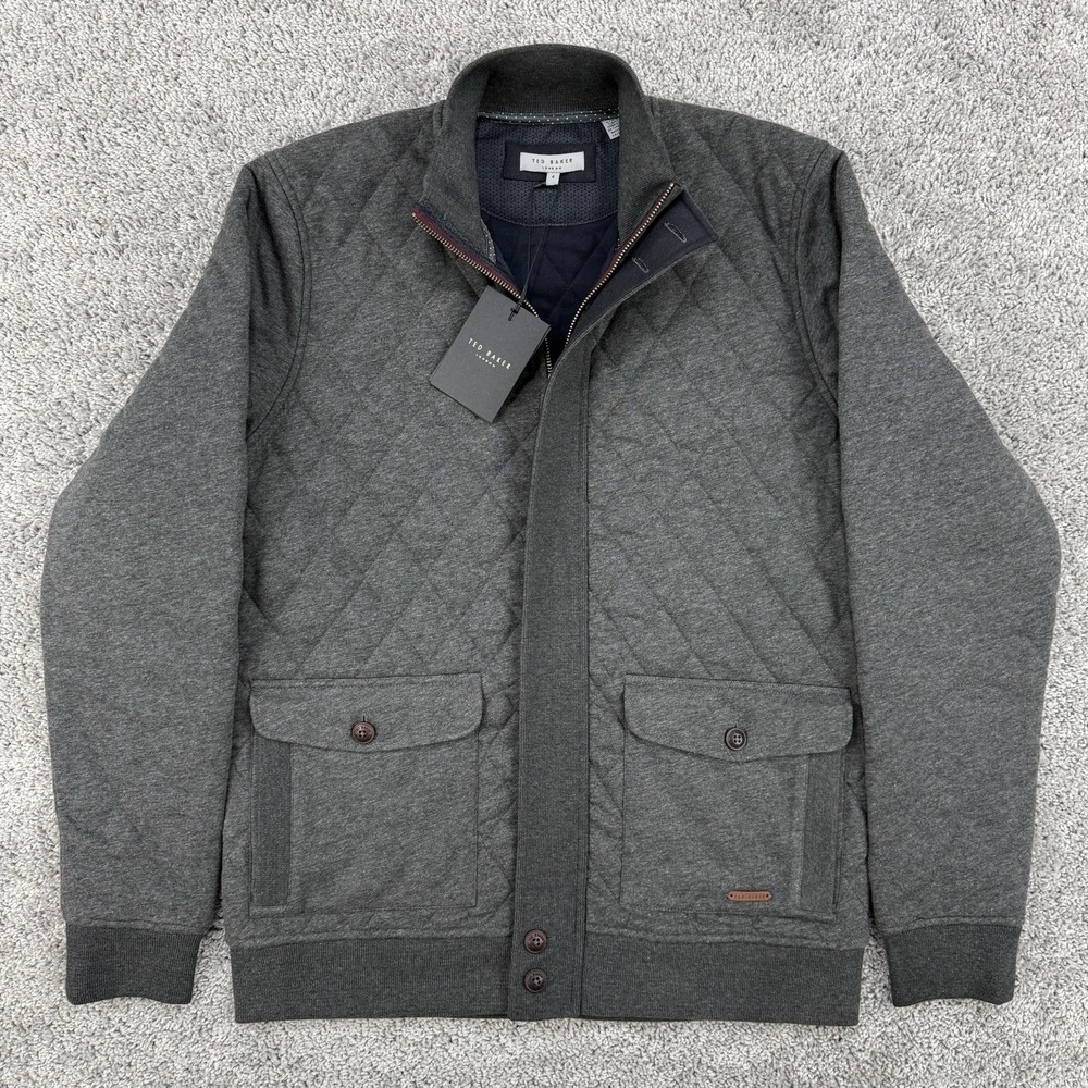 Ted Baker Quilted Jersey Jacket Men's 4 NWT Charcoal Full Zip/Button Up Bomber